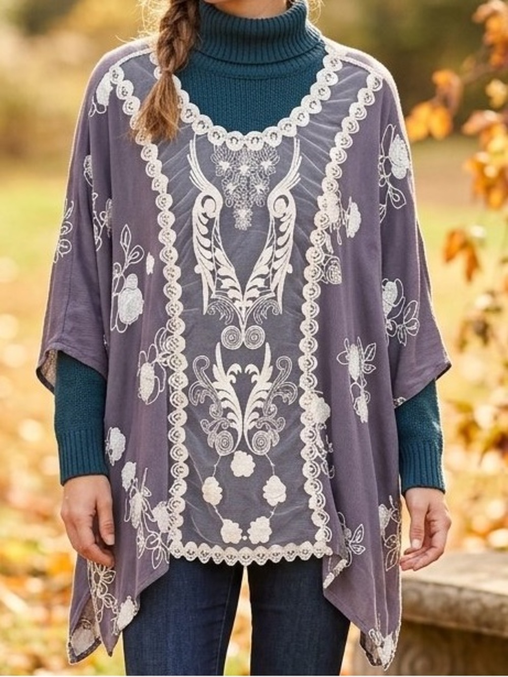 Umgee Boho Embroidered Tunic Top Lavender Purple White M/L Oversized Blouse